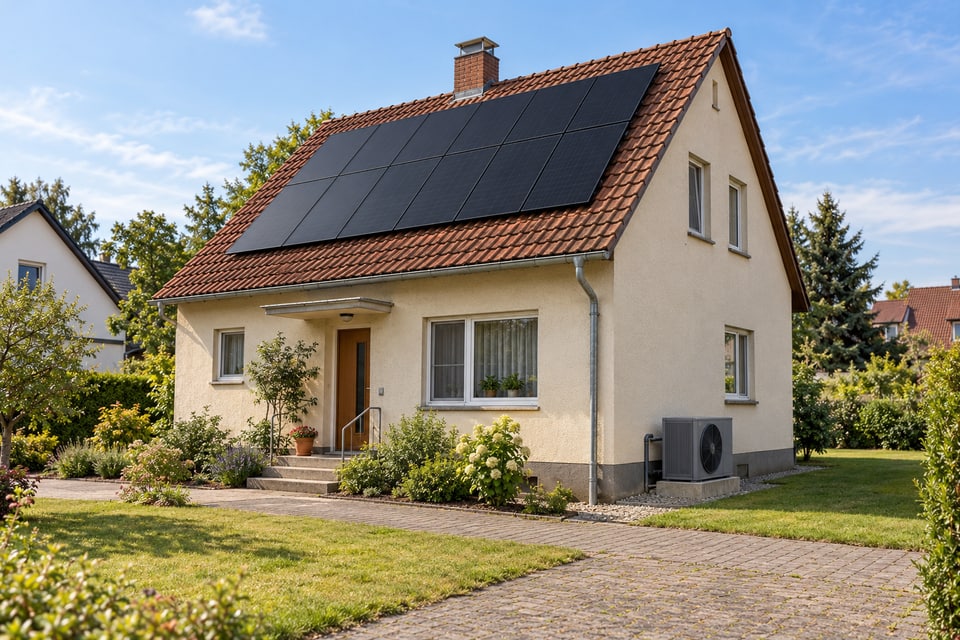 Bestandsgebäude mit schwarzen Photovoltaikmodulen auf dem Ziegeldach und einem Wärmepumpen-Außengerät an der Seitenwand