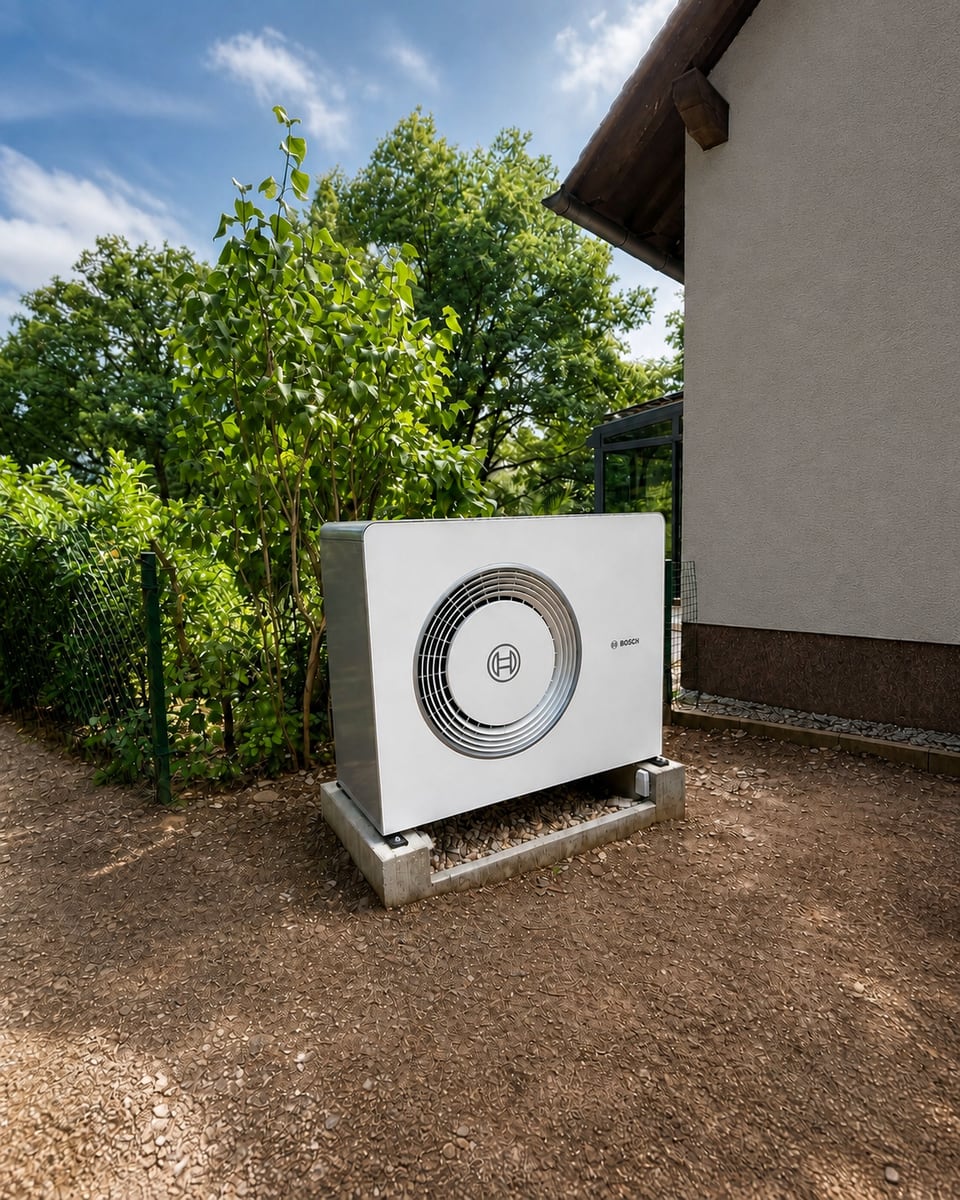 Wärmepumpen-Außengerät auf einem Betonsockel neben einem Gartenzaun.