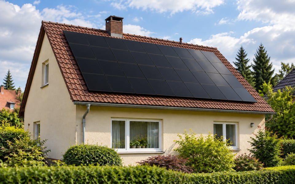 Full-Black-Photovoltaikmodule auf dem Ziegeldach eines älteren Wohnhauses